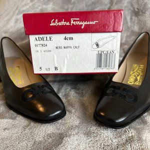5.5 SALVATORE FERRAGAMO BLACK (BLOCK KID HEEL) WOMANS SHOE
